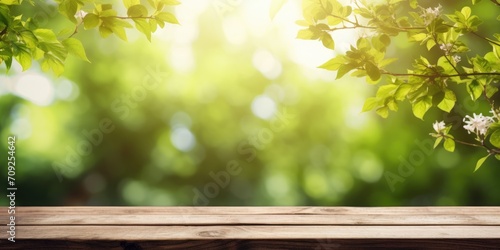 Wooden perspective amidst blurred trees, bokeh backdrop, spring and summer ambiance. © Sona