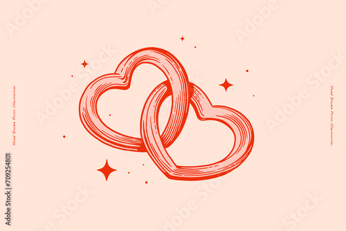 Heart shaped rings. Two intertwined red hearts sparkle. Romantic symbol of strong love. Valentine's Day. Vector isolated illustration on a light background.