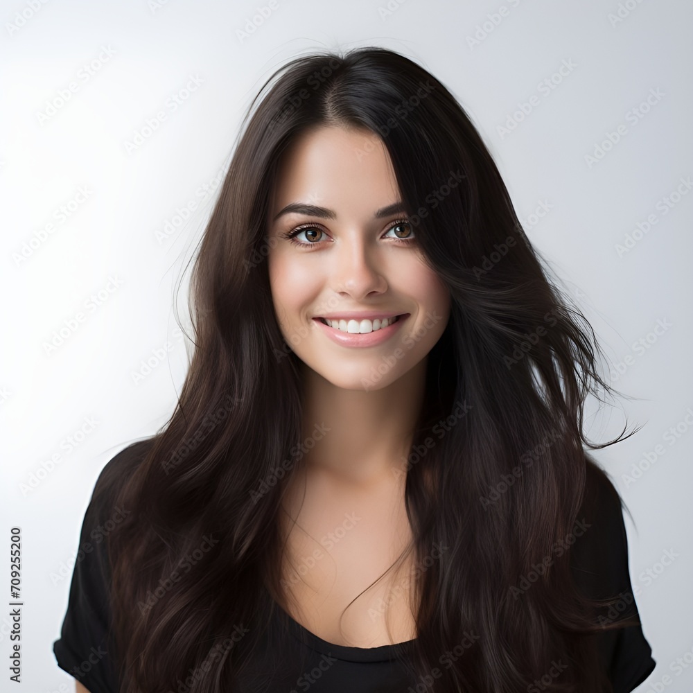 young happy long black haired woman posing and looking in camera,white background young happy long black haired woman posing and looking in camera,white background