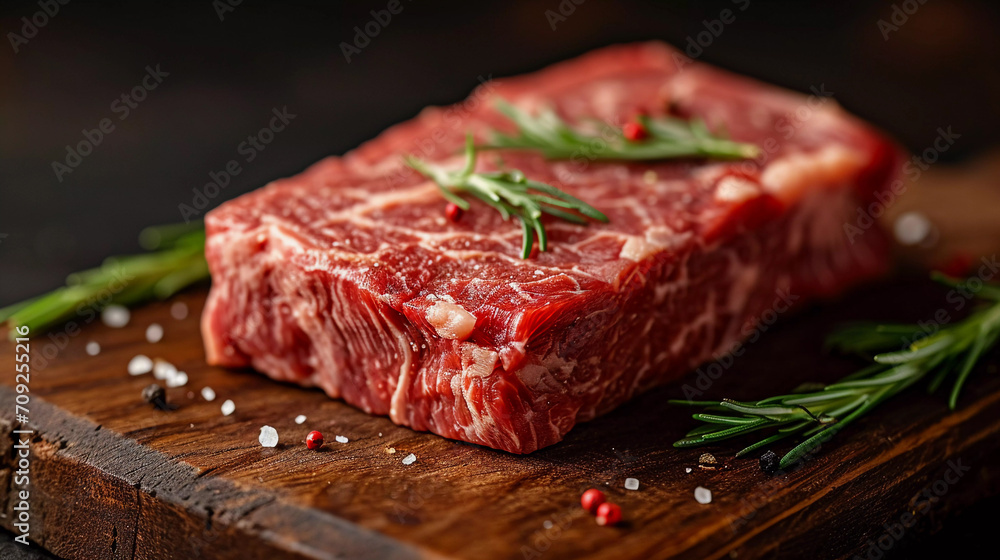 Fresh Raw Beef Steak with Rosemary on Wooden Board