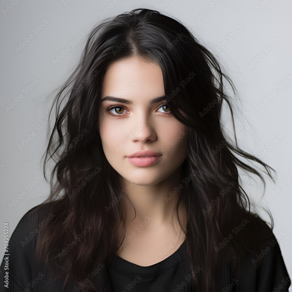 young happy long black haired woman posing and looking in camera,white background young happy long black haired woman posing and looking in camera,white background