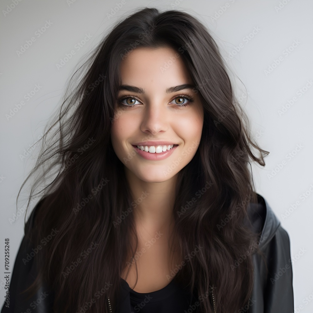 young happy long black haired woman posing and looking in camera,white background young happy long black haired woman posing and looking in camera,white background