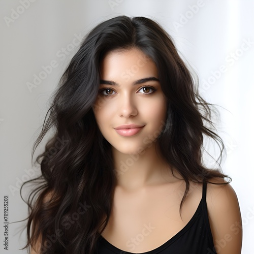 young happy long black haired woman posing and looking in camera,white background