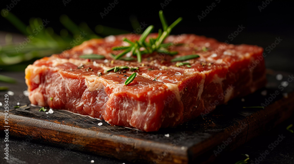 Fresh Raw Beef Steak with Rosemary on Wooden Board