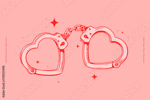 Handcuffs in the shape of a heart on a pink background. Romantic symbol of strong love. Valentine's Day. Vector illustration in linear style.