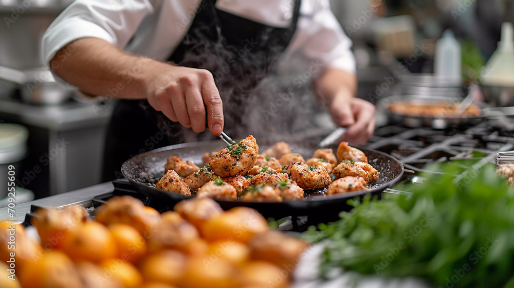 Naklejka premium Chef Seasoning Grilled Chicken with Fresh Herbs