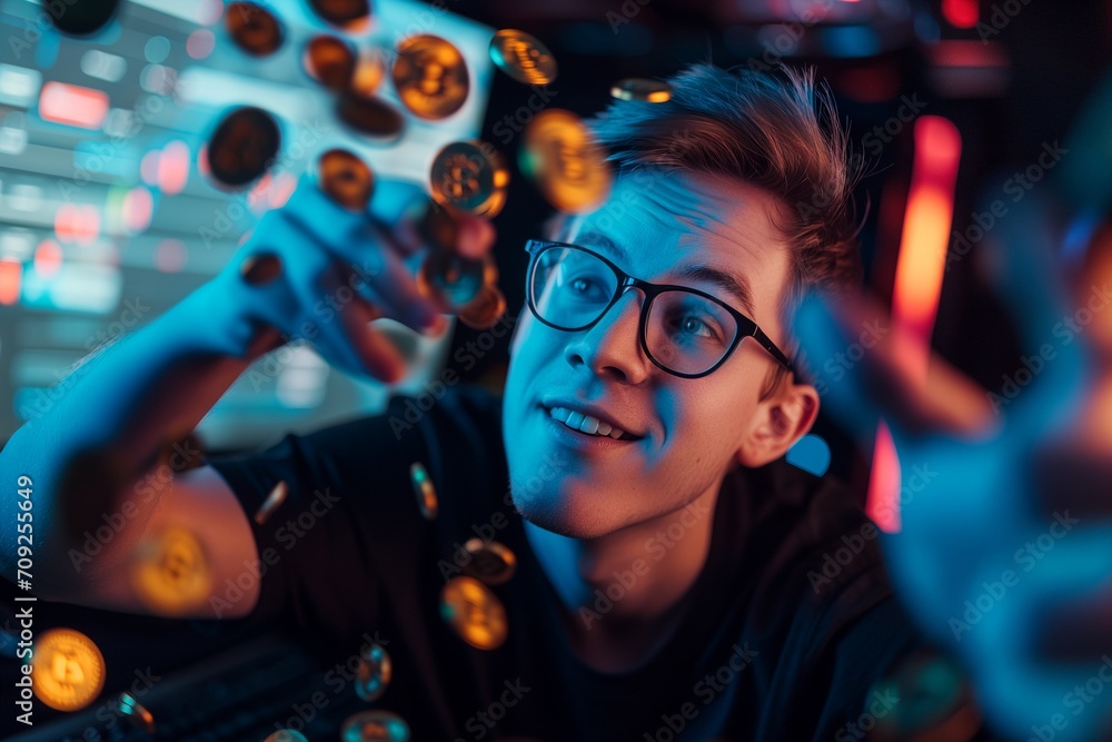 A nerd man happy and hand hanging a Bitcoin. A nerd man happy and hand hanging a Bitcoin.