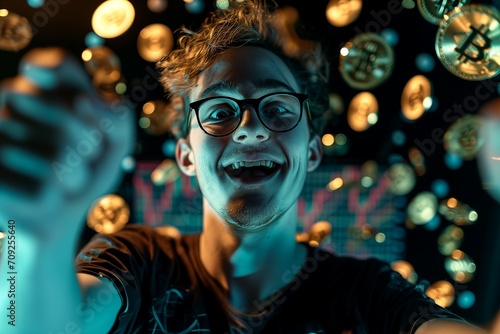 A nerd man happy and hand hanging a Bitcoin.