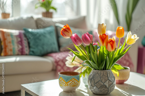 Living room with pastel colored pillows and fresh tulips on the table. Spring decor concept. Generative AI