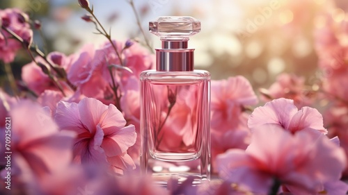 Exquisite Fragrance Ensemble: A Petite Bottle of Perfume Adorned with Enchanting Blooms - AI Generative