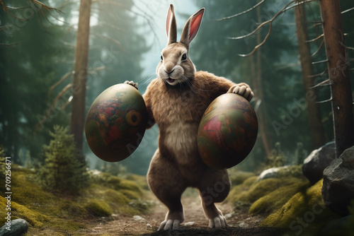 Easter bunny rabbit bodybuilder with big hard Easter eggs in the forest, nature background photo