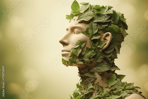 A man from green leaves on light background. Caring for the environment. The ecology concept of saving the world and love nature by human
