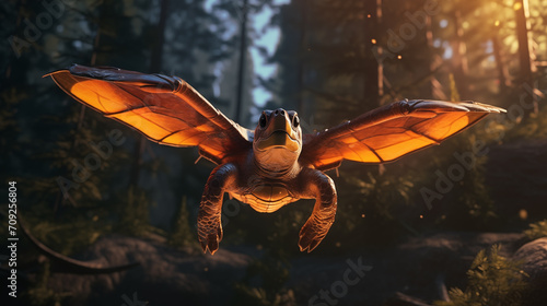 magical turtle with wings flies in the forest photo