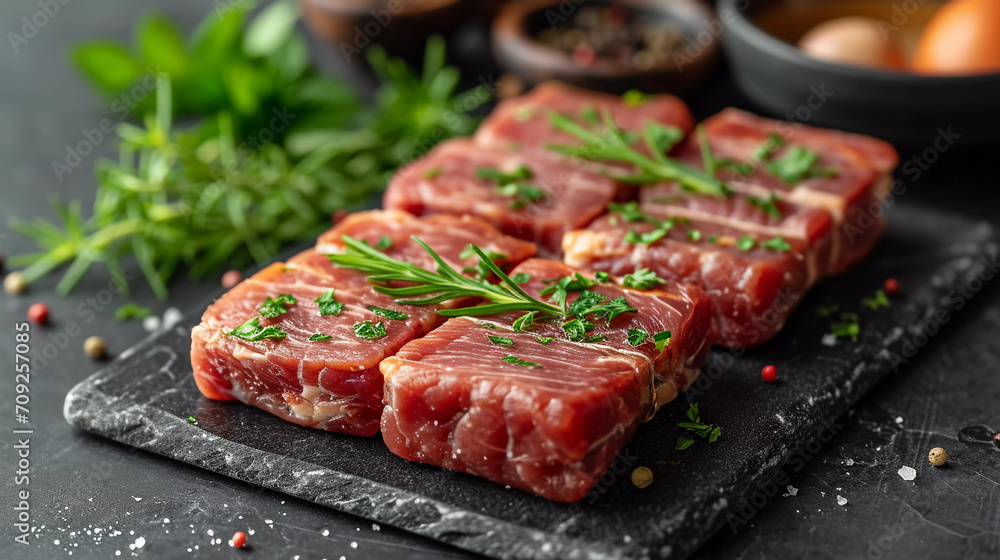 Fresh Raw Beef Steak with Rosemary on Wooden Board