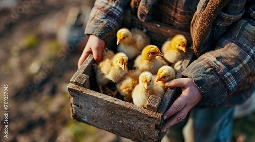 A farmer holds in his hands a wooden box full of newborn chicks. Close view. Copy space.