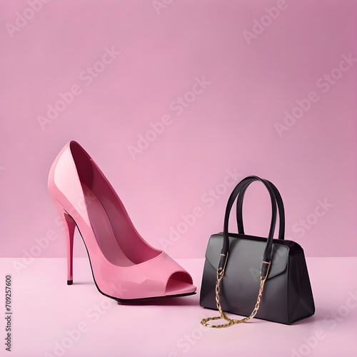 Women's accessories poster with ladies bags and high heels in pastel pink background with copy space for text. Perfect for ladies fashion websites, social media and shop banners. Fashion design card 