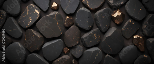 texture of contrast black stone surface between bronze cracked dark wall background.