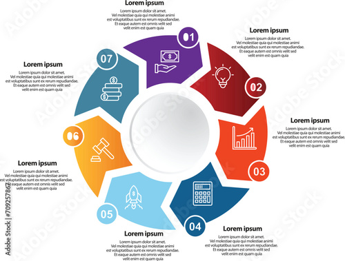 Collection of vector circle chart infographic templates for presentations, advertising, layouts, annual reports. 7 options, steps, parts