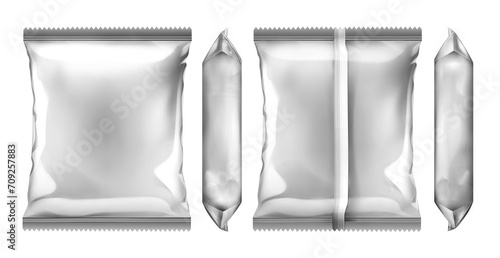 Blank plastic foil bag isolated on white background. White rectangular plastic food packaging. Glitter snack pad. Mockup template, bag for chips, spices, coffee, noodles.