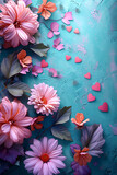 Floral Harmony. Vivid Blossoms and Hearts on Textured Canvas. Pink flowers and scattered hearts on a blue textured background. Ideal for romantic greetings or invitations. Vertical illustration