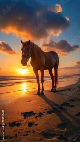 A majestic brown horse stands gracefully on a sandy beach, silhouetted against a cloudy blue and orange sky during a breathtaking sunset © DreamPointArt