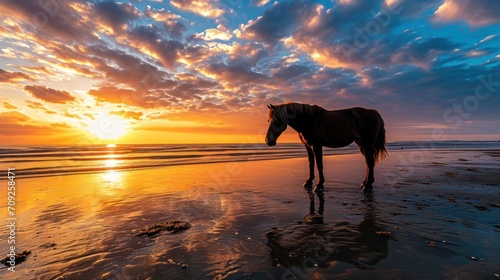A majestic brown horse stands gracefully on a sandy beach, silhouetted against a cloudy blue and orange sky during a breathtaking sunset