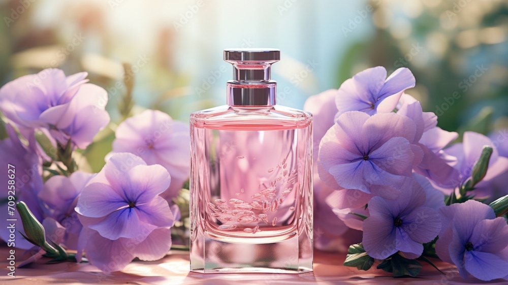 Exquisite Fragrance Emanating from a Petite Bottle Adorned with Petunias - AI Generative Exquisite Fragrance Emanating from a Petite Bottle Adorned with Petunias - AI Generative