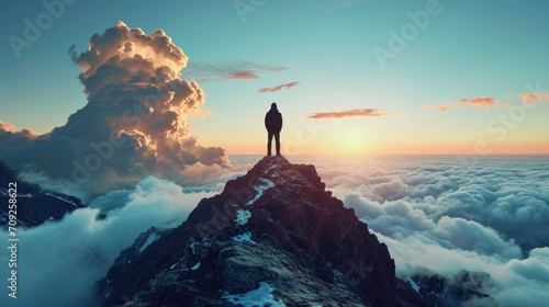 A solitary figure stands triumphantly atop a mountain peak, the silhouette boldly outlined against the sky, embodying the essence of achievement and the conquering of heights
