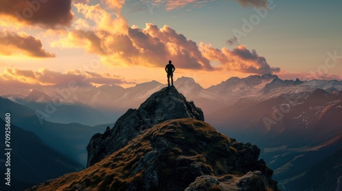 A solitary figure stands triumphantly atop a mountain peak, the silhouette boldly outlined against the sky, embodying the essence of achievement and the conquering of heights photo