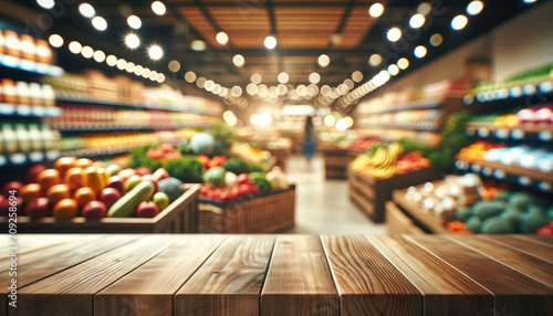 empty wooden table with beautiful grocery store background