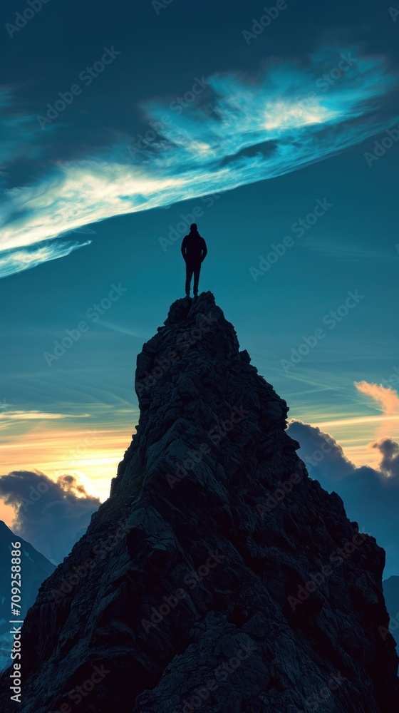 A solitary figure stands triumphantly atop a mountain peak, the silhouette boldly outlined against the sky, embodying the essence of achievement and the conquering of heights A solitary figure stands triumphantly atop a mountain peak, the silhouette boldly outlined against the sky, embodying the essence of achievement and the conquering of heights