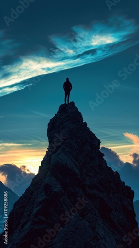 A solitary figure stands triumphantly atop a mountain peak, the silhouette boldly outlined against the sky, embodying the essence of achievement and the conquering of heights