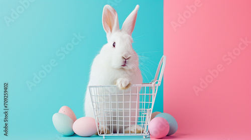 White Easter bunny rabbit with shopping basket and painted eggs on blue and pink. AI Generative