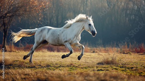 White horse run forward. Picture presenting the galloping white horse. AI Generative