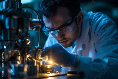 A meticulous scientist in a lab coat and safety glasses is focused on adjusting delicate equipment in a laboratory setting, showcasing precision and concentration