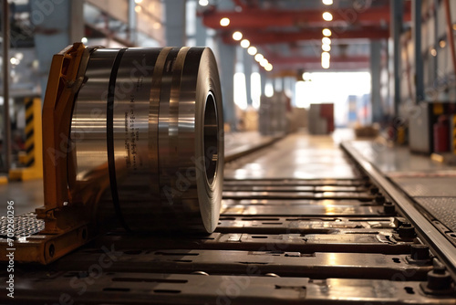 Steel Ready for Processing on the Factory Floor. A steel coil rests on the factory floor, with the industrial setting in background, highlighted by the ambient lighting of the manufacturing facility