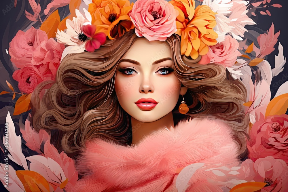 8th march, happy women's day with wreath of flowers, unique realistic Woman with exotic floral background. Fashion portrait of a girl with gigantic flowers. Expressive look with pink peach colors