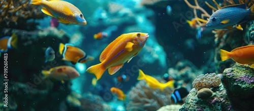 Vibrant fish in a tank, showcasing underwater nature and wildlife. © AkuAku
