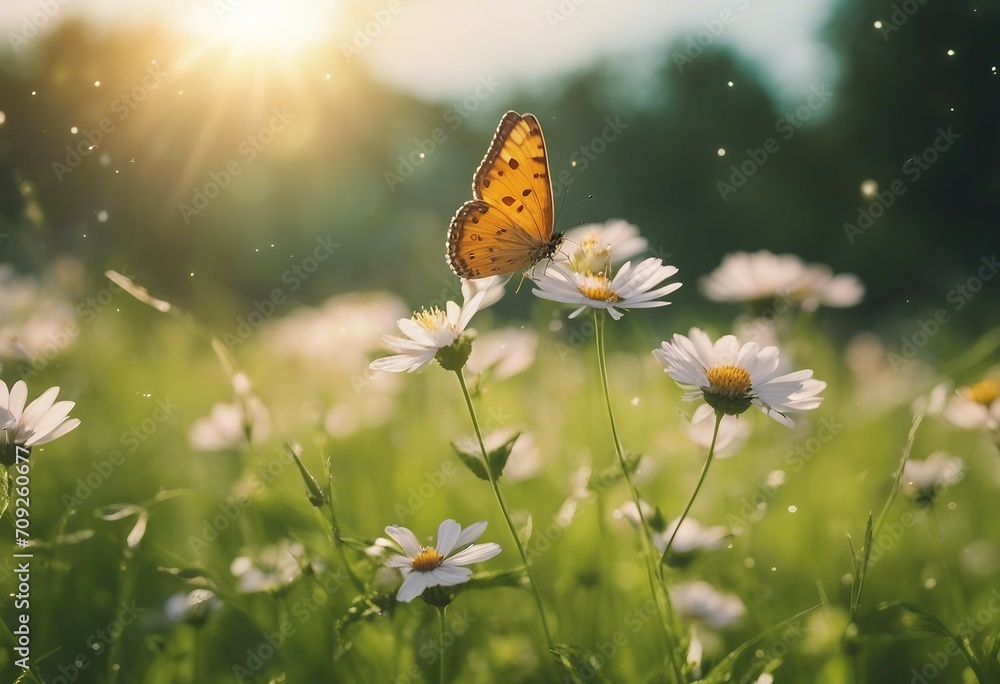 Beautiful gentle spring summer natural background Butterflies are fluttering over meadow of wild flo