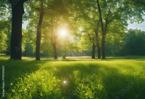 Beautiful bright colorful summer spring landscape with trees in Park juicy fresh green grass on lawn
