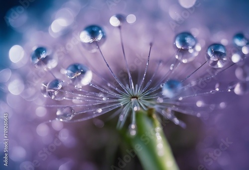 Beautiful dew drops on a dandelion seed Close-up Sparkling bokeh Beautiful light blue and violet bac