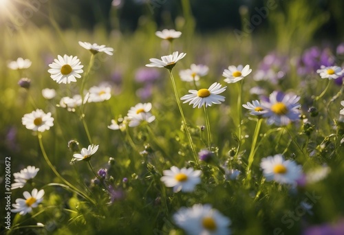 Beautiful field meadow flowers chamomile and violet wild bells in morning green grass in sunlight na