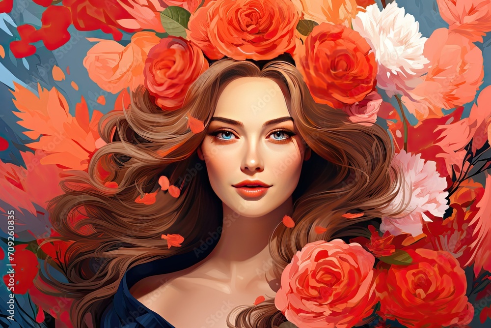 8th march, happy women's day with rose flowers, unique realistic Woman with exotic floral background. Fashion portrait of a girl with gigantic flowers. Expressive look with autumn colors