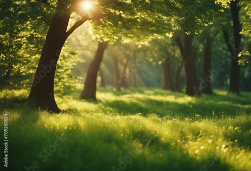 Beautiful warm summer widescreen natural landscape of park with a glade of fresh grass lit by sun photo