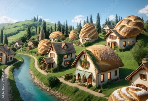 a charming village with houses designed to look like different types of bread photo