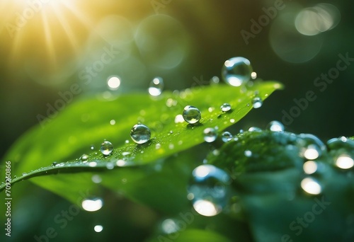 Beautiful water drops sparkle in sun on leaf in sunlight macro Big droplet of morning dew outdoor be