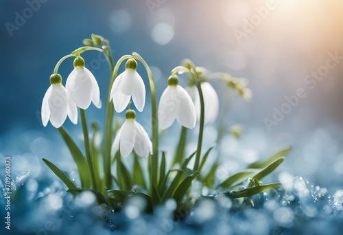 Beautiful white spring flower snowdrop anemone macro close-up on blue blurred background with a soft