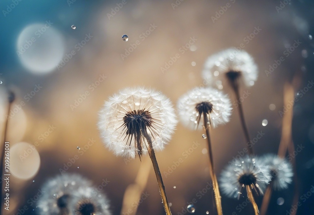 Dandelion Seeds in drops water on blue beautiful background with soft focus in nature macro Drops of Dandelion Seeds in drops water on blue beautiful background with soft focus in nature macro Drops of