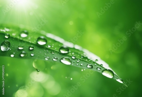 Drop water dew in the sunlight on leaf macro closeup on a green background Spring summer template ba
