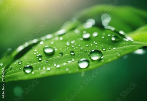 Drop water dew in the sunlight on leaf macro closeup on a green background Spring summer template ba